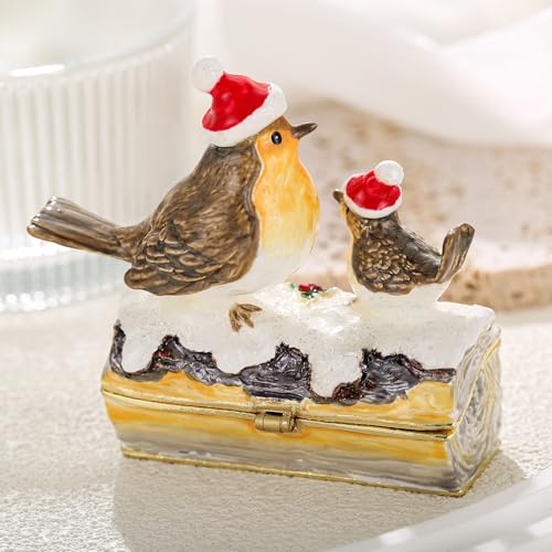 Hand Painted Enamel Christmas Robin Bird Trinket Box, Hinged Jewelry Organizer Storage, Unique Home Decor Keepsake Collectible Figurine, Personalized Decoration Ornament Gifts (Grey Christmas Sparrow) Grey Christmas Sparrow