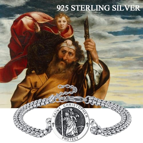St Christopher Bracelet for Men 925 Sterling Silver Christopher Jesus Amulet Bracelet Adjustable Religious Protection Jewellery Birthday Gifts 02-St Christopher Bracelet