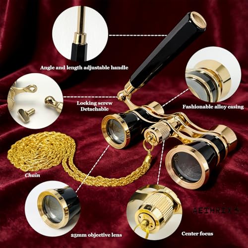 3X25 Opera Glasses Binoculars with Adjustable Handle & Chain Black with chain & handle