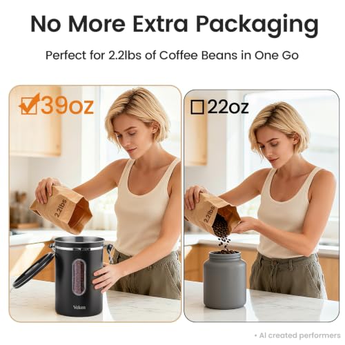 Veken Coffee Canister with Window, 39OZ Large Airtight Stainless Steel Jars Black 39 oz