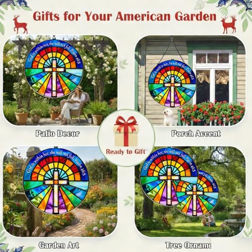 8" Sun Catcher Stained Glass Stained Glass Window hangings - God is Within Her Psalm 46:5 Bible Verse Design - Colorful Rose Window Cross Religious Suncatcher - Christian Gift for Women