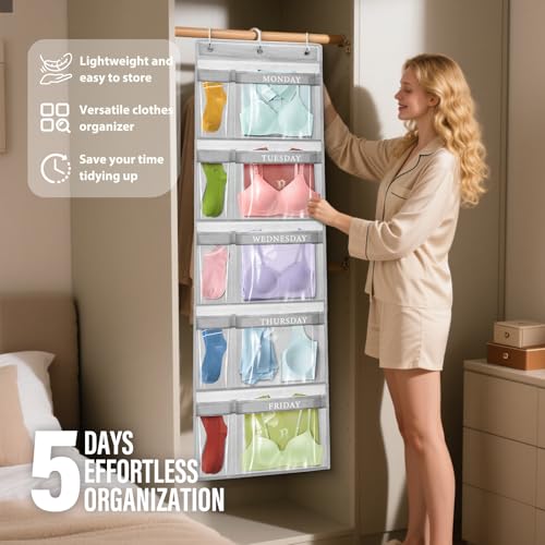Weekly Kids Clothes Organizer Day of Week School Clothing Storage Monday to Friday Hanging Closet Organizer (2) (Gray 2pcs) Gray 2pcs