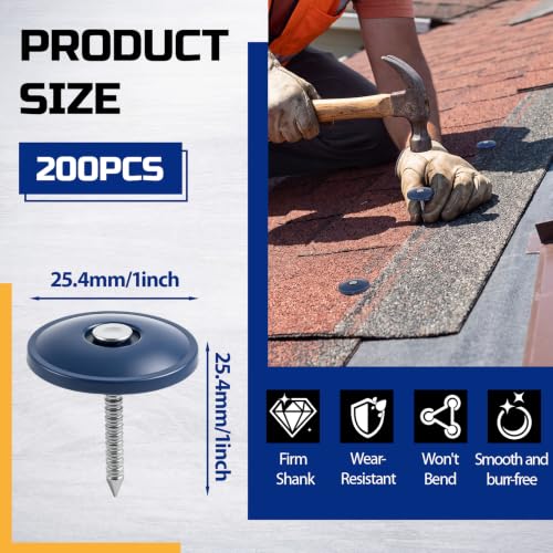 Junkin 200-pack blue plastic cap nails, 1-inch round roofing nails in a package