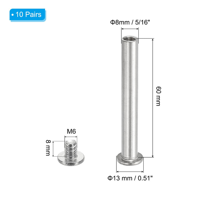 [Australia - AusPower] - PATIKIL Hex Chicago Screws, 10 Set Binding Screw Posts M6 x 60 mm Connecting Hex Drive Socket Cap Bolt Nuts for Scrapbook Leather Belt Album Photo Furniture Repair, Silver 