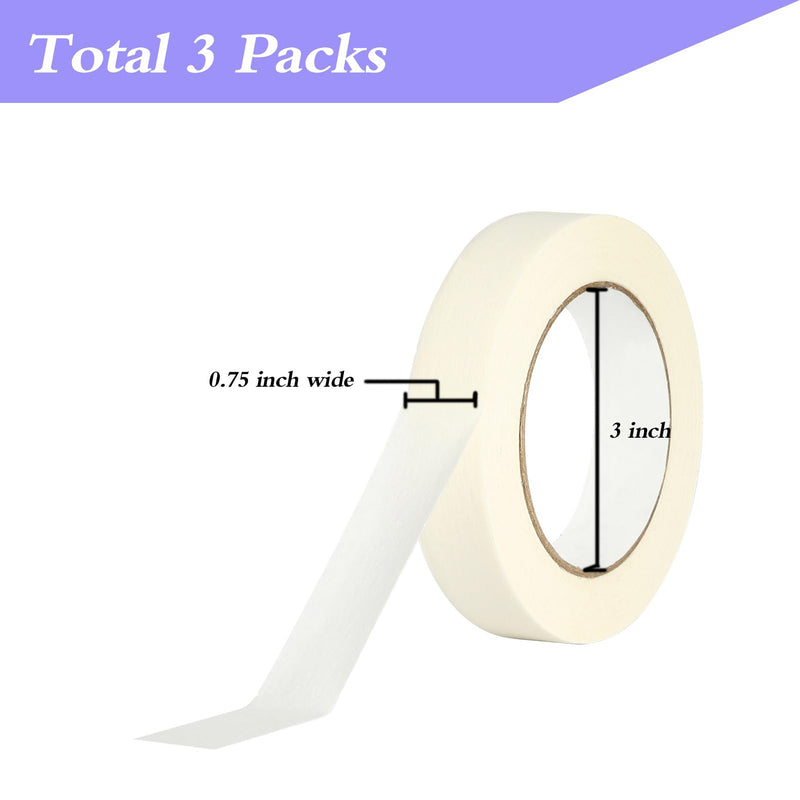 Lazybug studio Masking Tape 0.75 Inch, 3 Pack White Masking Tape, 3/4 Inch x 55 Yards x 3 Rolls,165 Yards in Total