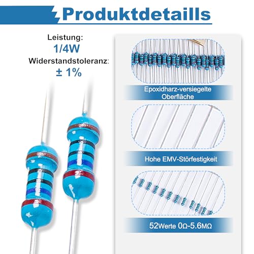 Miuzei 1/4 W Metal Film Resistor Assortment, 1475 Pieces, 52 Values ±1% | Set of 50 1N4148 diodes, 0Ω-5.6MΩ, ±1% tolerance, values grouped in labeled transparent bags, for repairs, hobbyists 0.25