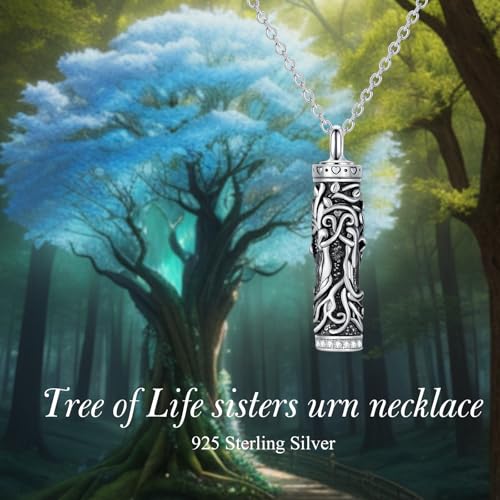 TOUPOP Tree of Life Urn Necklaces for Ashes, Cylinder Bar Urn Necklace Sterling Silver Family Tree Keepsake Necklace for Ashes Memorial Cremation Jewelry for Ashes Gifts for Women Mom Sister Tree of Life Sister