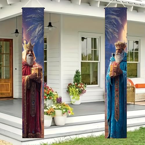 HOMETITUTE Three Kings Day Red And Blue Kings Door Banner 71 x 12 Inch Epiphany Decoration Hanging Sign Vertical Banner Holiday Celebration Home Porch Entryway Decor Red, Blue