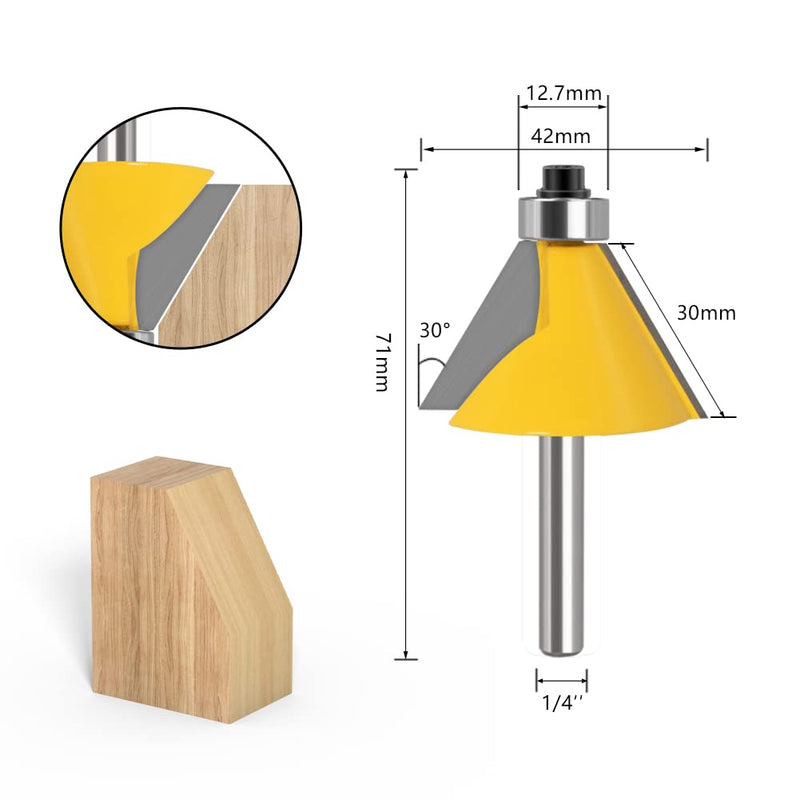 5PCS Chamfer Router Bits with 1/4" Shank Bevel Edge Forming Router bits (11.25°,15°,22.5°,30°,45°.) 1/4 inch shank, 11.25°-15°-22.5°-30°-45° degrees