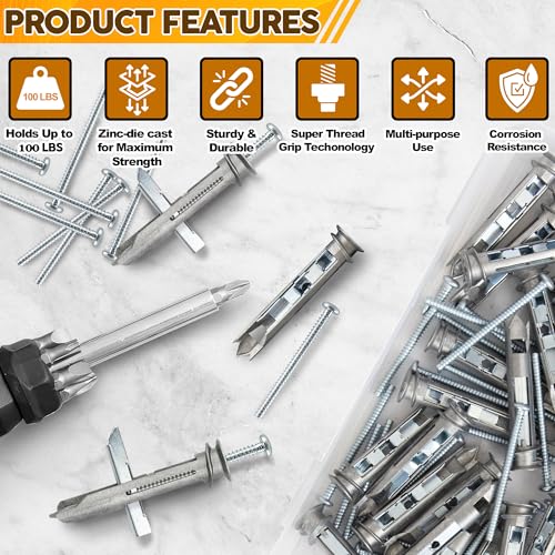 Heavy Duty Drywall Anchors - Self Drilling Ez Drywall Toggle Anchor Kit, #8 Anchor with Screws - Easy Wall Anchors for Hanging and Mounting - Holds Up to 100 Lb. (10 Pack) 10