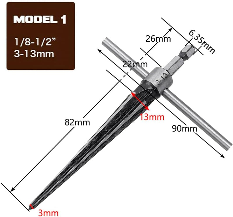 Bestgel 2pcs Tapered Reamer, 6 Fluted Chamfer Reaming T Handle Taper Reamer Drilling Tool (3-13mm & 5-16mm)