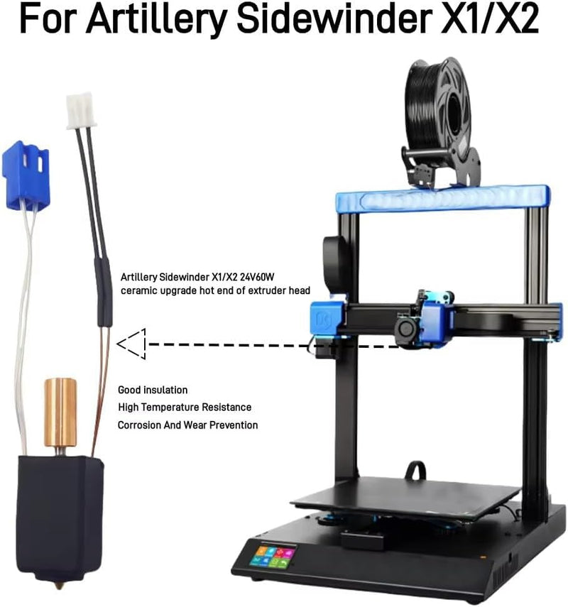 for Artillery Sidewinder X1 X2 Genius Upgrade Hotend Kit,with Heater Cartridge Thermistor All Metal Throat Volcano Nozzle Heating Block Silicone Socks Printer Accessories