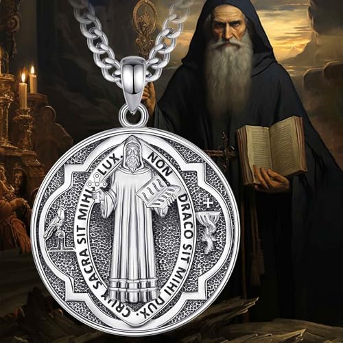 INFUSEU St Christopher/St Michael/St Benedict/Saint Jude//Virgin Mary Miraculous Medal Jesus Cross 7 Archangels Seal 925 Sterling Silver Pendant for Men Women Saints Necklace Religious Amulets 01-Saint Benedict 3