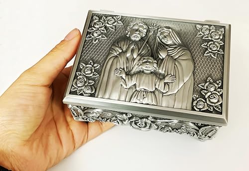 elegantmedical Large Vintage Style Religious Rosary Necklace Box Holy Family Pattern Relief, Antique Silver Finish, Jewelry Storage Case Catholic Gifts