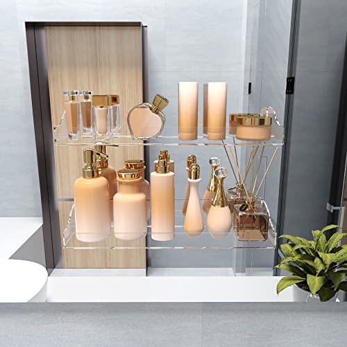 Acrylic Shower Shelves, 2 Pack Self Adhesive Bathroom Clear Floating Shelf Wall Mounted Thick Storage and Decor Rv Accessories Display No Drilling Organization Home Apartment Essentials Without Hook