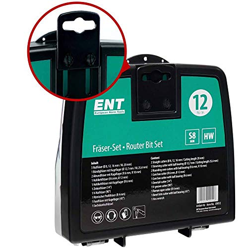 ENT 12-Piece DURACUT HM Milling Cutter Set in Shatterproof Plastic Cassette - Router Bit with Shaft 8 mm, 09012 12 Pieces