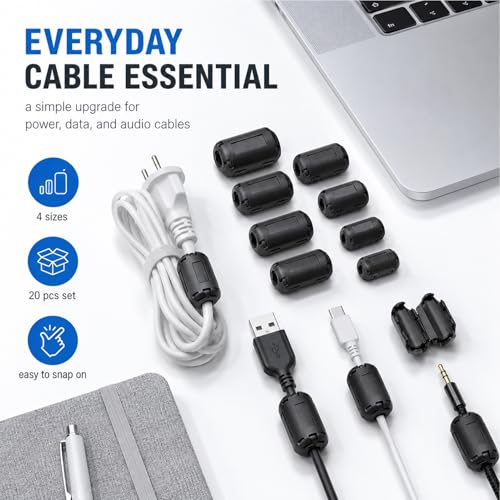 Pack of 20 Ferrite Cores for Cables, Ferrite Core, Folding Ferrite, RF Emi Noise Reduction Cable Clip, with 5 mm/7 mm/9 mm/13 mm Inner Diameter, for USB Cable, Audio and Video Cable, Power Cord (Black