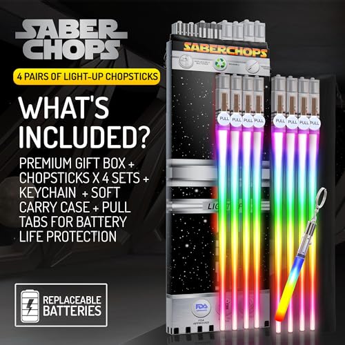 LIGHTSABER CHOPSTICKS LIGHT UP STAR WARS CHOPSTICK LED Glowing Light Saber Chop Sticks REUSABLE Sushi Sabers Cool Fun Geeky STARWARS Chop Stick Set 4 PAIRS | FREE Keychain Soft Carry Pouch | Gift Box 4 PAIRS & FREE KEYCHAIN 8 COLOR MODES