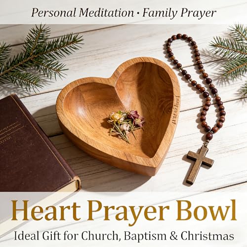 8 Inch Wooden Heart Prayer Bowl with 12 Cards, Rustic Cross Carved Decor