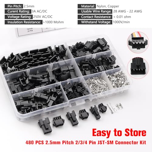 YIXISI 480 Pieces 2.5 mm 2/3/4-Pin JST-SM Connector Kit, JST SM Male and Female Crimp Terminal Housing Plug Kit 2/3/4 Pin - 480pcs