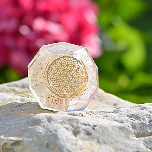 Orgonite Crystal Selenite Dodecahedron - Orgone Energy Generator Healing Chakra Stone with Flower of Life Design for Spiritual Balance, Meditation, Yoga, Reiki, Office and Home Décor Selenite Crystal