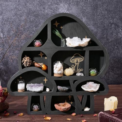 Crystal Display Wall Mount 11.8 x 11.8 Inch Rustic Floating Wall Decor, Wooden Mushroom Shelves Oils Trinkets Gemstone Storage Organizer for Meditation Art Spiritual Gift Boho Room Decor