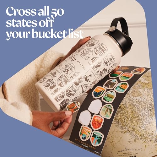 Wondery Official Fifty States bucket list™ Travel Water Bottle with Waterproof Stickers and Straw | Cream 32 oz Engraved | Insulated Stainless Steel Vacuum Sealed | Leak Proof