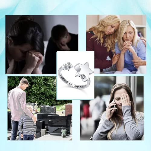 S925 Sterling Silver Star Cremation Urn Ring Always In My Heart Memorial Ashes Keepsakes Adjustable Open Thumb Finger Ring Memorial Day Jewelry for Women Stars Urn 9