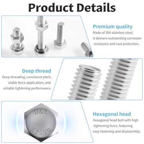 FOCMKEAS M10-1.5×50 full-thread hex bolts with nuts and washers, 12-piece set