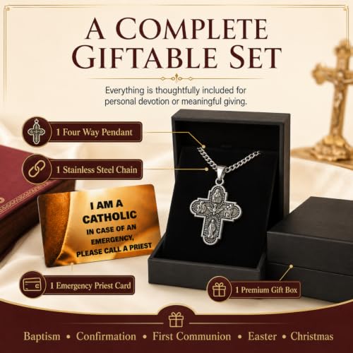 Catholic Four Way Scapular Medal Necklace with Alloy Cross Pendant, 20 Inch Stainless Steel Chain, Emergency Priest ID Card and Gift Box, Sacred Heart, St. Joseph, St. Christopher silver
