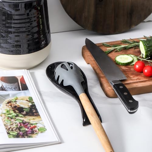 Ceramic Spoon Rest for Stove Top, Large 8.7 Inch Spoon Holder for Kitchen Counter, Porcelain Utensil Rest for Ladle, Spatula, Housewarming Gift, Dishwasher Safe and Heat-Resistant, Black, Set of 2