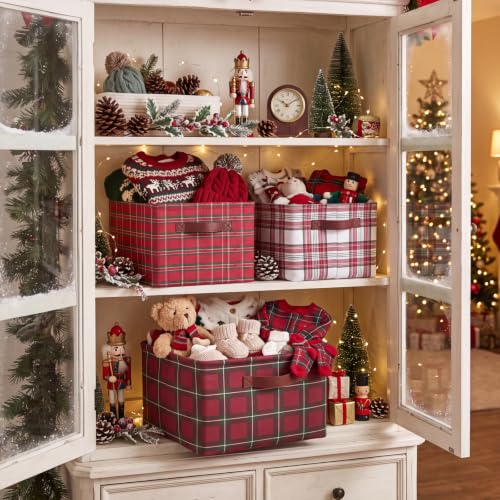 Junkin 3 Pcs Red Tartan Christmas Storage Basket with Handle for Gift Empty