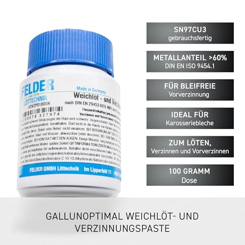 by Felder Lead-Free Soft Soldering & Tinning Paste Sn97Cu3 > 60% F-SW 21 (DIN EN ISO 9454-1) Ready to Use 100 g - for Tinning & Pre-Tinning in Body Construction 100g Dose