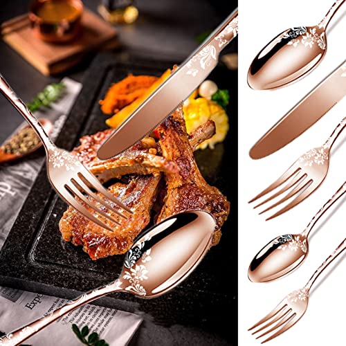 vilihkc 20 piece Unique Pattern Design Silverware Set, Stainless Steel Flatware Set Service for 4, Rose gold Cutlery Set, Mirror Polished Utensil Set for Kitchen, Dishwasher Safe
