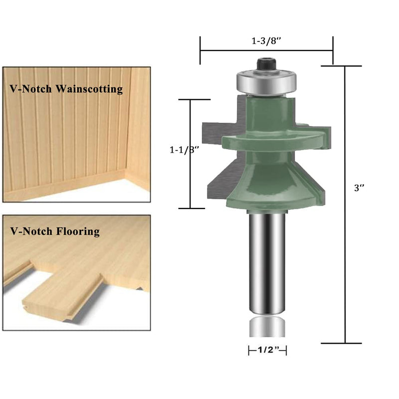 OLETBE Tongue and Groove Flooring Router Bit Set 1/2-Inch Shank 2 PCS, Wood V-Notch Wainscotting and Flooring Matched Cabinet Shelf Door Woodworking Router Bits Set with Edge Banding(2)