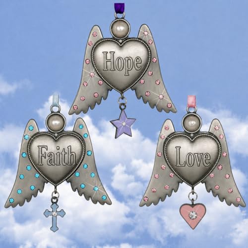 Faith Hope Love Angel Ornaments Set of 3 – Jeweled Angel Christmas Ornaments with Inspirational Hanging Charms – Guardian Angel Keepsakes for Tree, Memorial, Sympathy, Christian Gifts, Holiday Decor