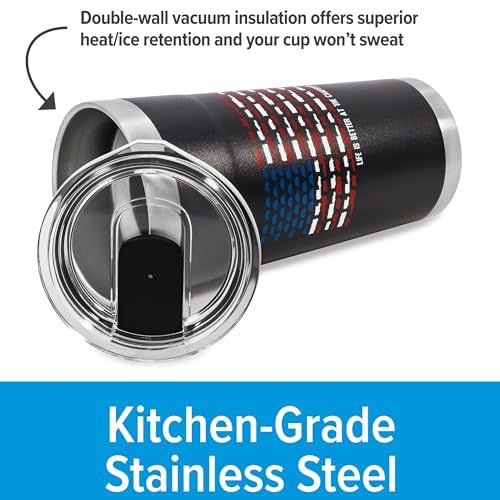 Camco Life is Better at The Campsite Wrapped Stainless Steel Tumbler - Features Double Wall Vacuum Insulation for Heat/Ice Retention & Unique RV USA Flag Design - Holds 20 oz. (53065) 20-oz Black