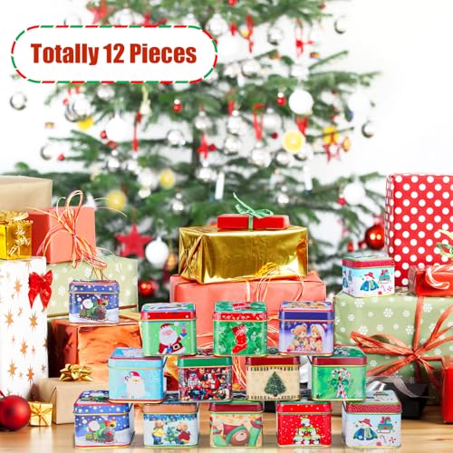 Sosation 12 Pcs Christmas Cookie Tins with Lids Square Candy Tin, Cute
