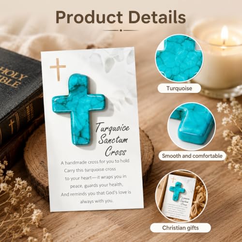 Holding Cross Christian Gifts, Turquoise Prayer Stone with Encouragement Card, Pocket Hug for Comfort & Faith, Religious Gift for Baptism, Confirmation, Communion, Easter