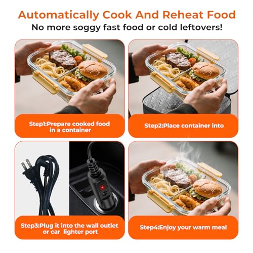 Portable Electric Lunch Box Food Heater,12V/24V/110V 3-in-1 Food Warmer Box, Mini Portable Oven Car Food Warmer, Heated Lunch Bag for Adults Office Travel Work Truck Meal Reheating Black
