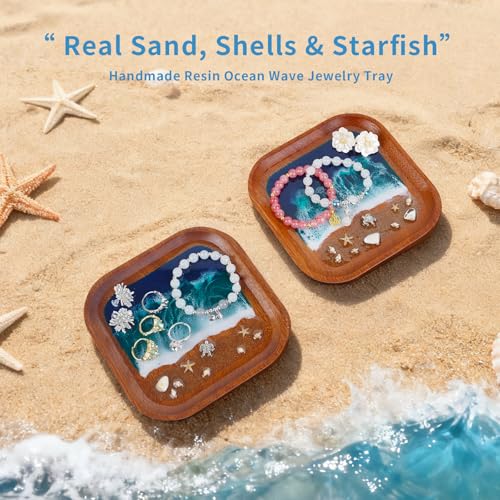 Handmade Seashell Resin Tray – 6x6 Inch Beach Decor Organizer with Real Sand, Starfish & Natural Wood Base – Coastal Nautical Jewelry Dish for Rings, Earrings, Keys