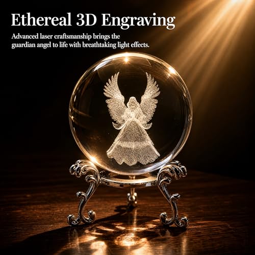 2 Pcs Crystal Ball with Silver Stand - 3D Laser Engraved Guardian Angel & Clear Glass Sphere Paperweight, Healing Crystal Figurine for Home Decor, Wedding & Angel Lovers Gift Clear&angel