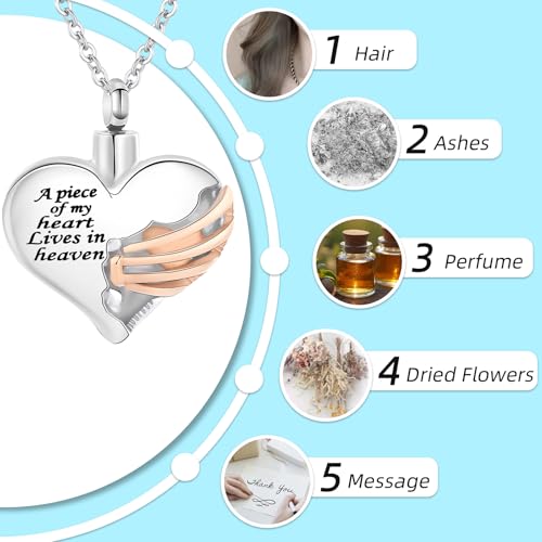 Heart Cremation Urn Necklace Pendant for Human Ashes Memorial Keepsakes Cremation Jewelry Loved One Memorial Jewelry - A piece of my heart Lives in heaven Silver-Rose Gold