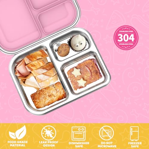 Stainless Steel Bento Box for Kids 1000ml - 3 Compartment Lunch Box for Adults, Leakproof Food Container, BPA-Free Metal Lunch Box with Silicone Seal, Eco-Friendly/Dishwasher Safe (Pink) Pink