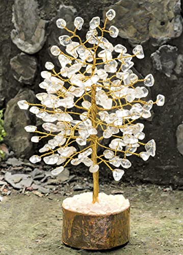 Crocon Clear Quartz Healing Crystal Tree 7-8 inch Bonsai, Desk Decor & Clear Quartz ( Golden Wire )