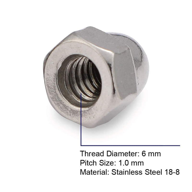 [Australia - AusPower] - M6-1.0 Metric Acorn Cap Nuts Dome Head Nuts, 304 Stainless Steel 18-8, Plain Finish, 25 PCS M6 