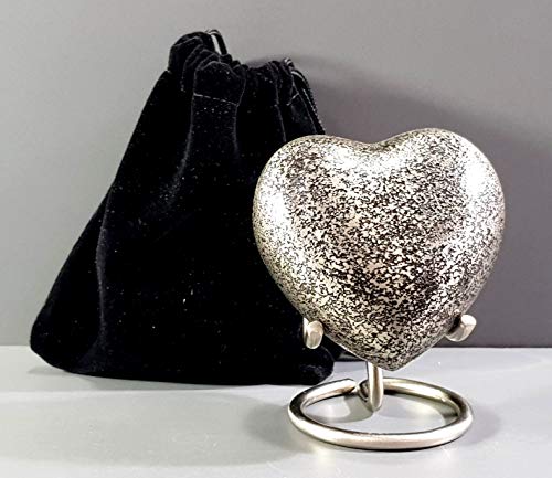 eSplanade Brass Mini Cremation Urn Heart-Shaped Keepsake Memorial Jar Pot Container | Small Urn for Funeral Ashes Burial | Textured Metal Keepsake with Stand | Silver - 2.75" Inches