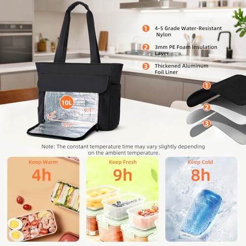 Black Lunch Tote Bag for Women, 15.6-17.3 Inch Laptop Tote Bag with Insulated Lunch Compartment, Leakproof Water-resistant Large Capcity Travel Bag for Work Office Picnic Beach, Elegant Black 23 liters 19