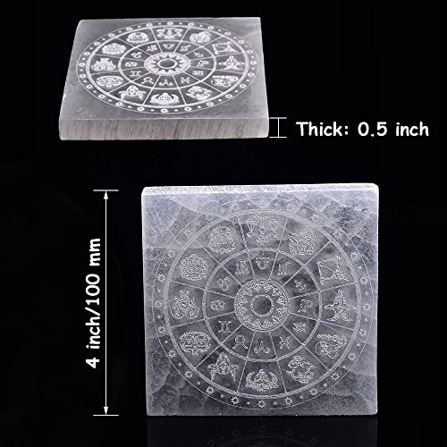 JIC Gem 4" Square Selenite Charging Plate 12 Star Engraved Selenite Slab Healing Crystal Charging Station 12 Star-4"