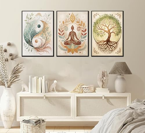 3 Pcs Tree of Life Canvas Wall Art Lotus Zen Painting Pictures Wall Decor Yin Yang Taichi Spiritual Prints Posters for Living Room Yoga Room Hotel Bedroom Home Decor 12x16in Unframed 16L"×12W" poster